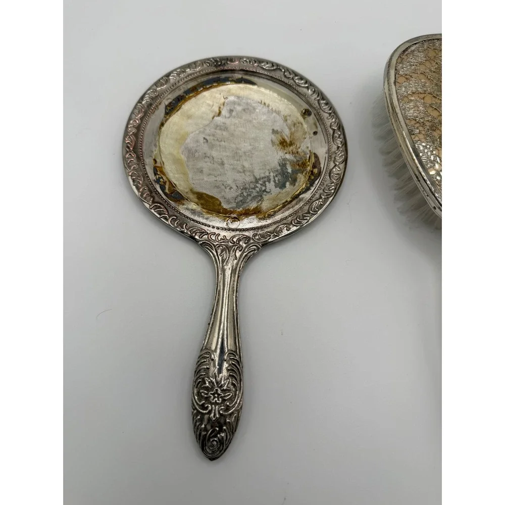Vintage Silver Tone Repousse Hand Mirror and Brush Vanity Set Floral Lace Detail